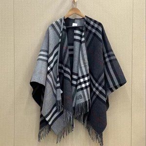 Burberry Contrast Check Wool Cashmere Jacquard Cape in Grey/Charcoal